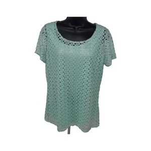 GNW Top Womens M Green Metallic Floral Crochet Layered Open Knit Woven